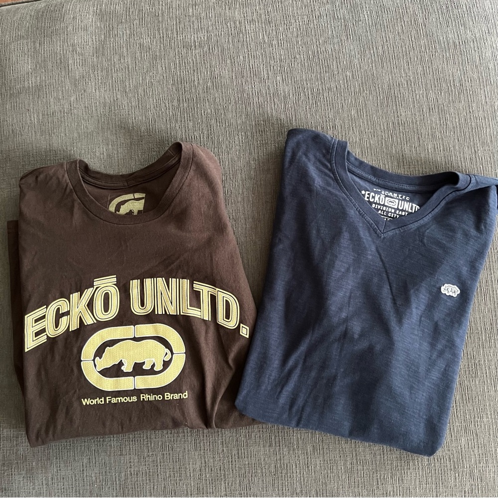 2 Mens ECKO UNLTD Short Sleeve Tees EUC Brown & Blue Size XL